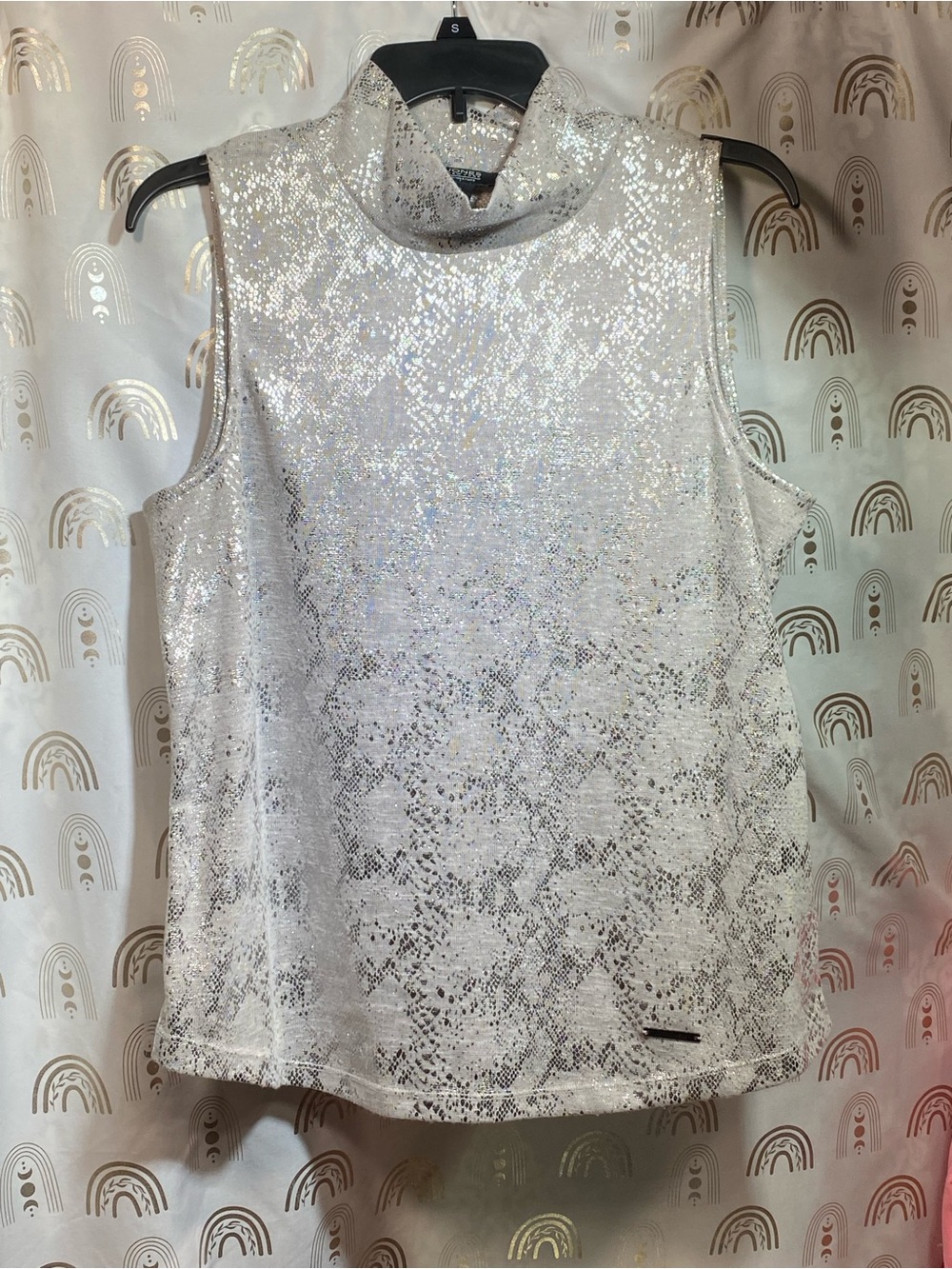 Jones New York Silver Sequin Mock Neck Sleeveless Top
